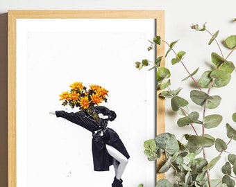 Plant Diva 03 - Orange Flowers in Coat Signed High Quality Colorful Art Print - Modern Print Leaves Special Gift Girlfriend