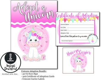 Unicorn Birthday Party, Unicorn Adoption Kit, Unicorn Party, Girl Birthday, Instant Download