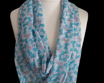Handmade White infinity scarf, with Blue & Pink Bow Print, loop scarf, wrap, shawl, Mothers Day Gift, Letter Box