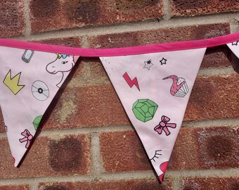 Girly Pink lol Unicorn Bunting Flags, Cotton Bunting, Garland, Wall Hanging