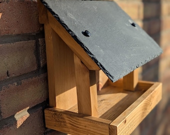 Handmade Wooden Wall or Fence Hanging Bird Table Feeder with Slate Roof – Complete Fixing Kit