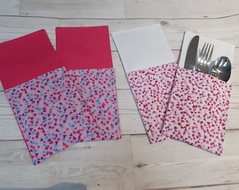 Pink Ditsy Heart cutlery holders, Cutlery Pouches, Home Decor, Valentines Day, Valentines Gift, Love, Dinner table
