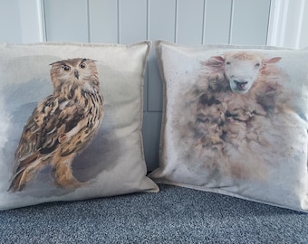 Handmade Linen Look 18" Cushions with Insert, Sheep, Owl designs available