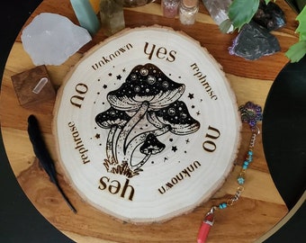 Pendulum Board, mushroom Wooden Spirit Board, High Priestess gift, divination board, beginner witch Talking board, cottage core divination