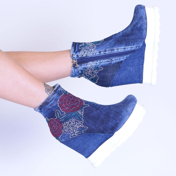 Women S Shoes With Wedge Heel Zipper Jeans Fabric Denim Etsy