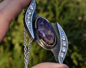 Handmade pendant with natural amethyst . Unique design . Art Deco.  Gift idea . For her. Anniversary gift . One and only. Wolfs . Silver 925