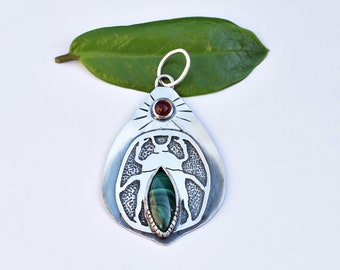 Handmade Sterling Silver Beetle Necklace: Malachite & Carnelian Pendant