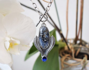 Bohemian Pendant, Silver handmade pendant ,Kyanite , Sapphire , Statement Pendant, Solid Silver Pendant ,