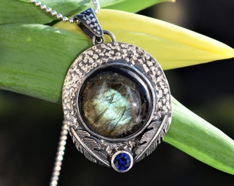 Handmade silver pendant with natural labradorite and synthetic sapphire . Unique design . Gift idea . For her. Anniversary gift .Silver 925