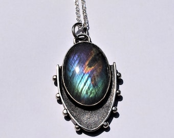 Handmade Sterling Silver Labradorite Pendant, Engraved Rose, Chain Included