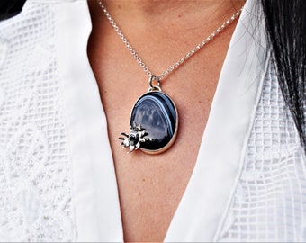 Black Onyx Sterling Silver Pendant Necklace, Oxidized Flower Detail