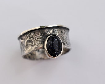 Handmade sterling silver ring with natural stone Cairo night. Unique pattern only one piece.