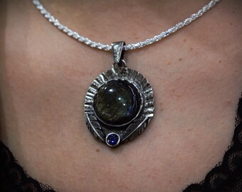 Handmade Sterling Silver Labradorite Pendant Necklace, Sapphire Accent