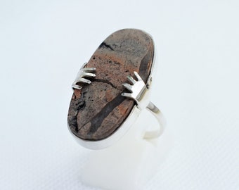 Handmade Sterling Silver Jasper Ring: Modern Hands Holding Stone