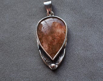 Handmade Sterling Silver Strawberry Quartz Pendant, Art Deco Jewelry