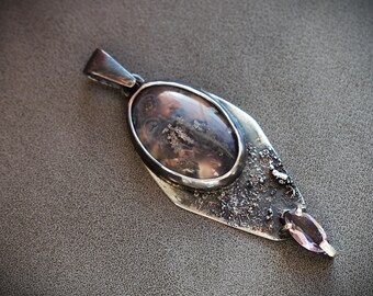 Moss Agate Amethyst Pendant, Handmade Sterling Silver Art Nouveau Necklace