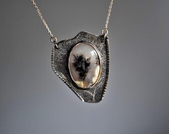 Handmade silver pendant with natural dendritic agate  . Big pendant . Unique design . Chain included. Necklace .