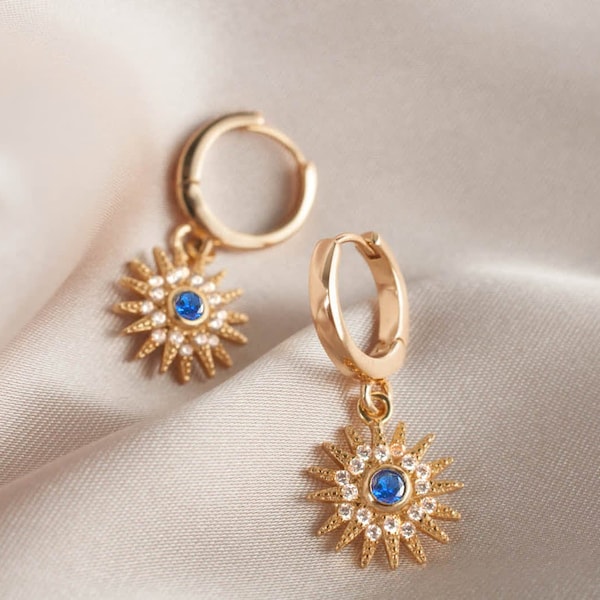 Gold Huggie Hoop Earrings: Sunburst Charm, Blue Crystal Celestial Jewelry