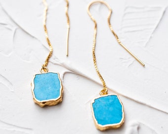 Gold Turquoise Threader Earrings: Boho Dangle Chain Earrings
