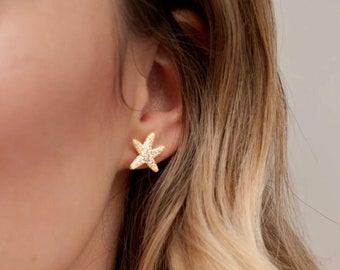 Gold Starfish Stud Earrings: Crystal Zirconia, Nautical Jewelry