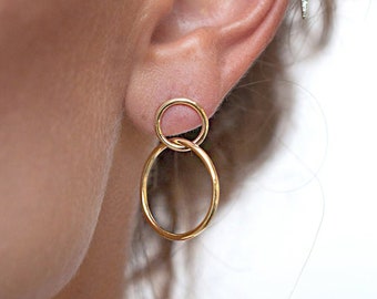 Circle Stud Earrings Two Hoops Interlocked Double Circle Interlinked Drop Dangle Sister Gift Her Daughter Geometric Everyday Interlocking