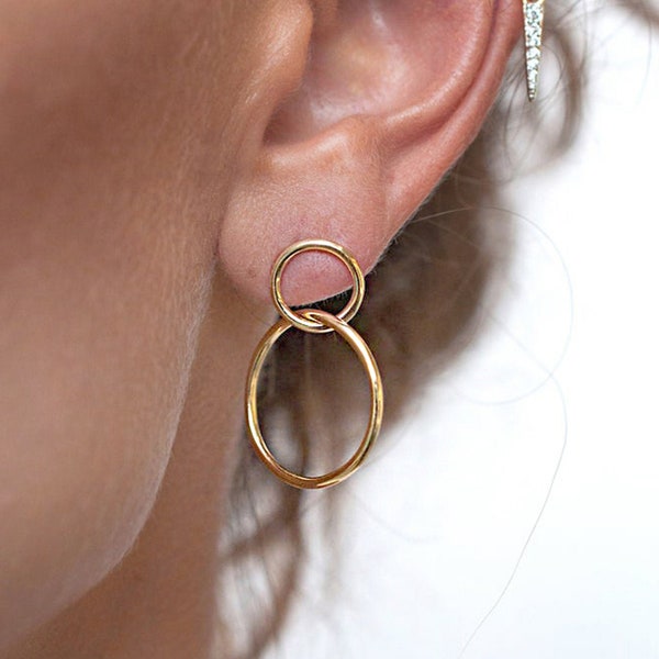 Circle Stud Earrings Two Hoops Interlocked Double Circle Interlinked Drop Dangle Sister Gift Her Daughter Geometric Everyday Interlocking