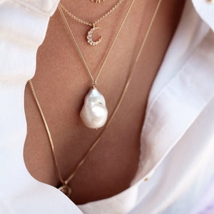 Solid 14k Gold Pearl Necklace Valentine's Gift Wife Anniversary Gift Her June Birthstone Birthday Gift Mom Girlfriend Large Baroque Teardrop afbeelding 1