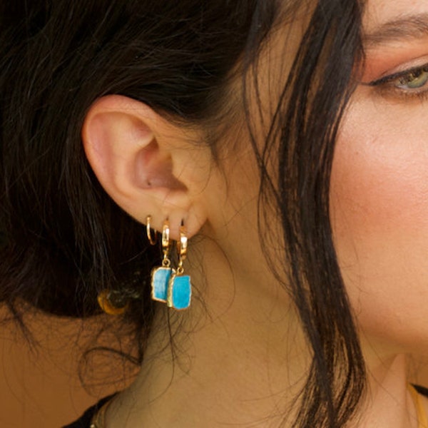 Turquoise Hoop Earrings: Gold Filled Huggie Boho Jewelry