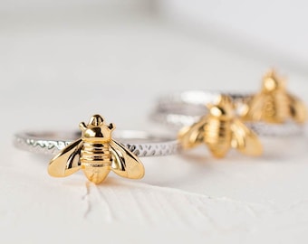 Gold Bee Ring: Hammered Sterling Silver Stacking Ring