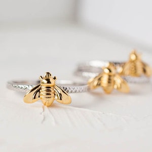 Gold Bee Ring Bumble Queen Bee Jewelry Hammered Sterling Silver Stacking Ring Birthday Gift For Her Gift Sister Beekeeper Ring Apiary Gift