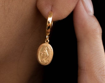 Daughter Birthday Gift Her Hoop Earrings Saint Mary Coin Gold Huggie Miraculous Medallion Jewelry Baptism Gift Granddaughter Catholic Jesus