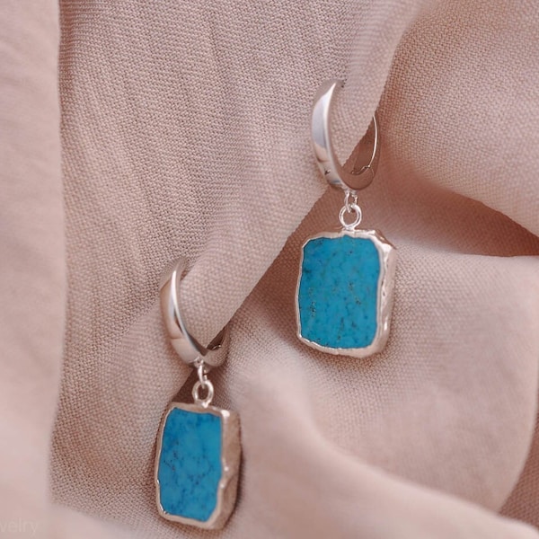 Sterling Silver Turquoise Hoop Earrings: Boho Huggie Earrings