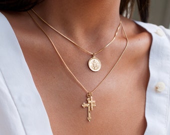 Collier double croix deux croix petite grande protection chrétienne cadeau bijoux pour Noël crucifix catholique cadeau fille maman soeur