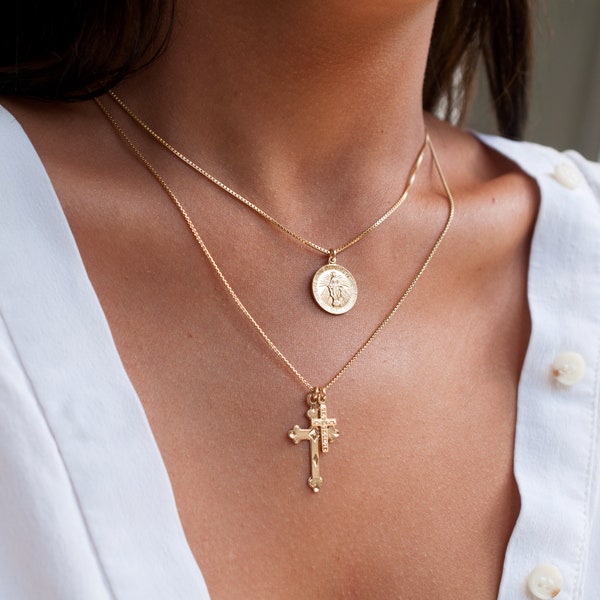 Double Cross Necklace Two Crosses Small Large Christian Protection Gift Jewelry For Christmas Catholic Crucifix Gift Daughter Mom Sister