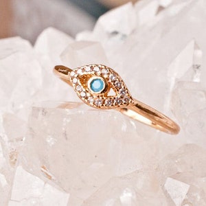 Solid Gold Ring Evil Eye Stacking Ring Minimalist Dainty Diamond Birthday Gift For Her Amulet Third Eye Protection Turquoise Hamsa Stackable image 8