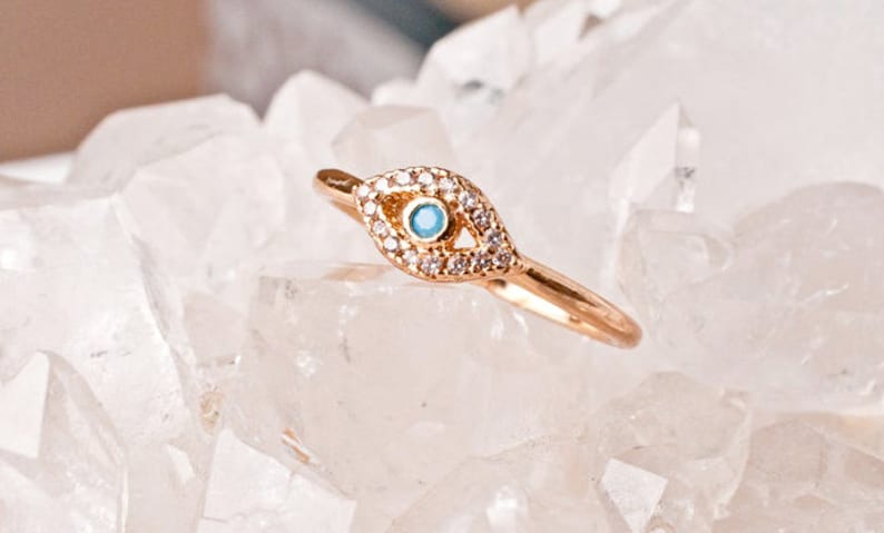 Solid Gold Ring Evil Eye Stacking Ring Minimalist Dainty Diamond Birthday Gift For Her Amulet Third Eye Protection Turquoise Hamsa Stackable image 8