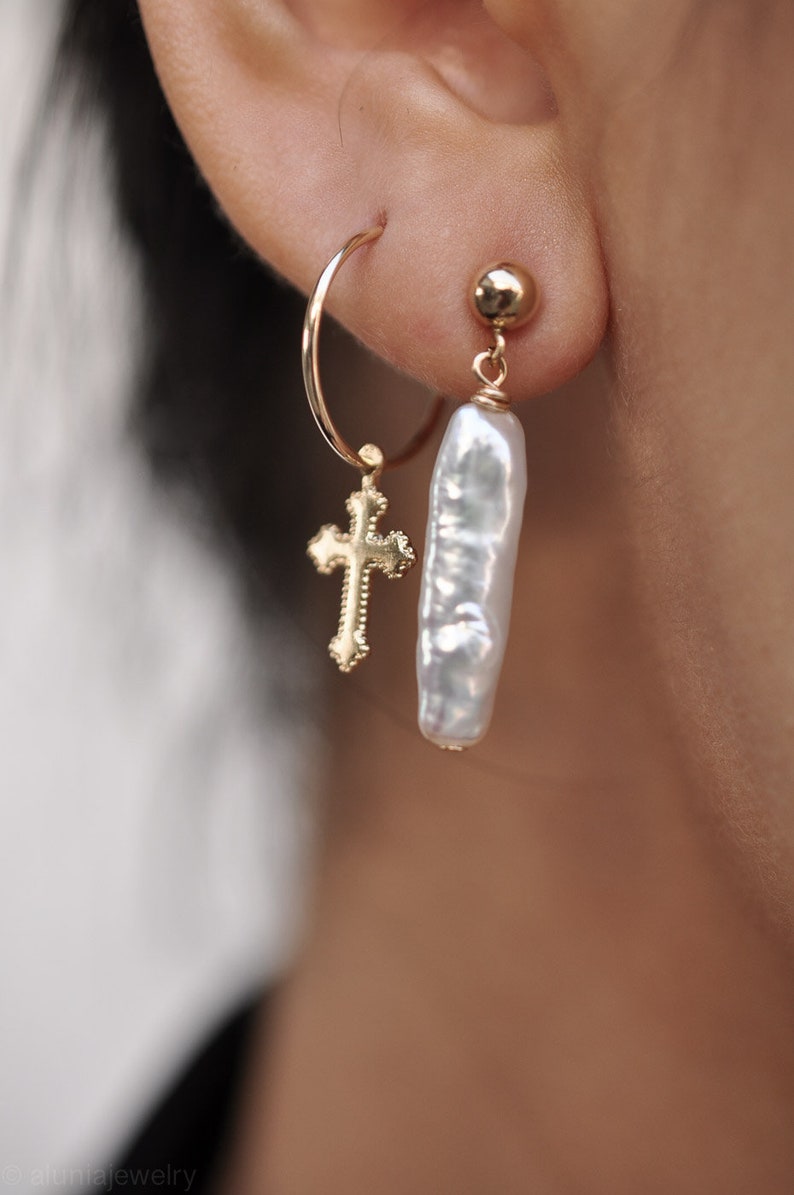 Solid Gold Cross Earrings Gift For Her Daughter Thin Hoops Sleeper Birthday Crucifix Unique Statement Best Friend Christian Baptism Crucifix image 4