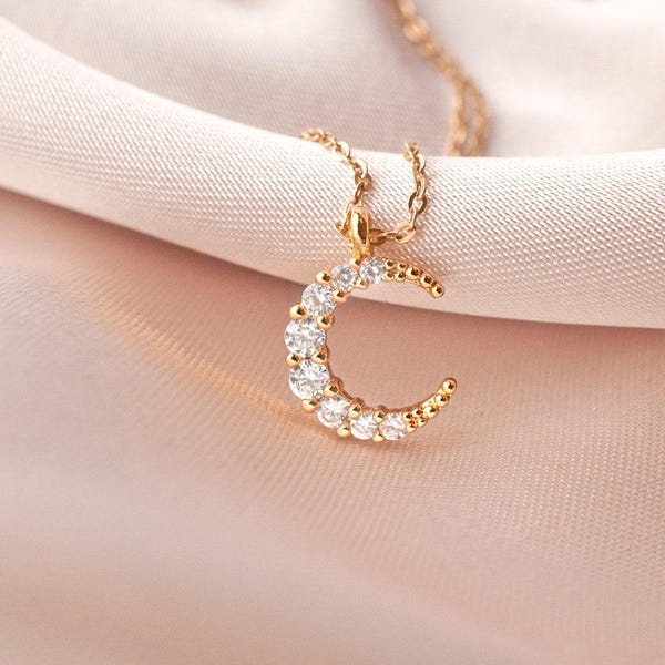 Dainty Crescent Moon Necklace: Gold Filled, Cubic Zirconia Charm