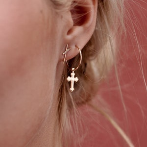 Solid Gold Cross Earrings Gift For Her Daughter Thin Hoops Sleeper Birthday Crucifix Unique Statement Best Friend Christian Baptism Crucifix image 6