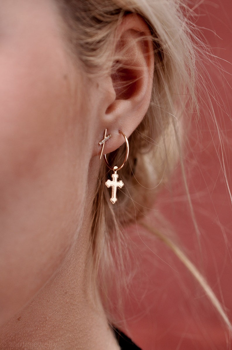 Solid Gold Cross Earrings Gift For Her Daughter Thin Hoops Sleeper Birthday Crucifix Unique Statement Best Friend Christian Baptism Crucifix image 6