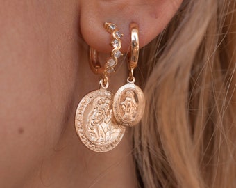 Traveler's Coin Saint Christopher Earrings Statement Amulet Protection Huggie Hoops Stacking Layering Disc Gift For Her Daughter Sister Gift