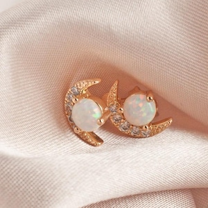 Gold Moon Stud Earrings: Opalite Crescent, Celestial Jewelry