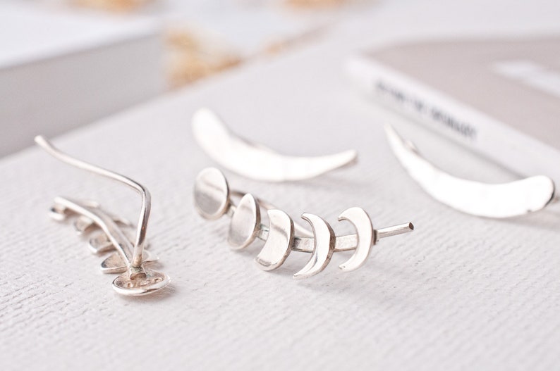 Ear Climbers Moon Phase Earrings Sterling Silver Ear Cuff Jacket Crescent Celestial Birthday Gift Her Daughter Best Friend Bridesmaid Summer image 1