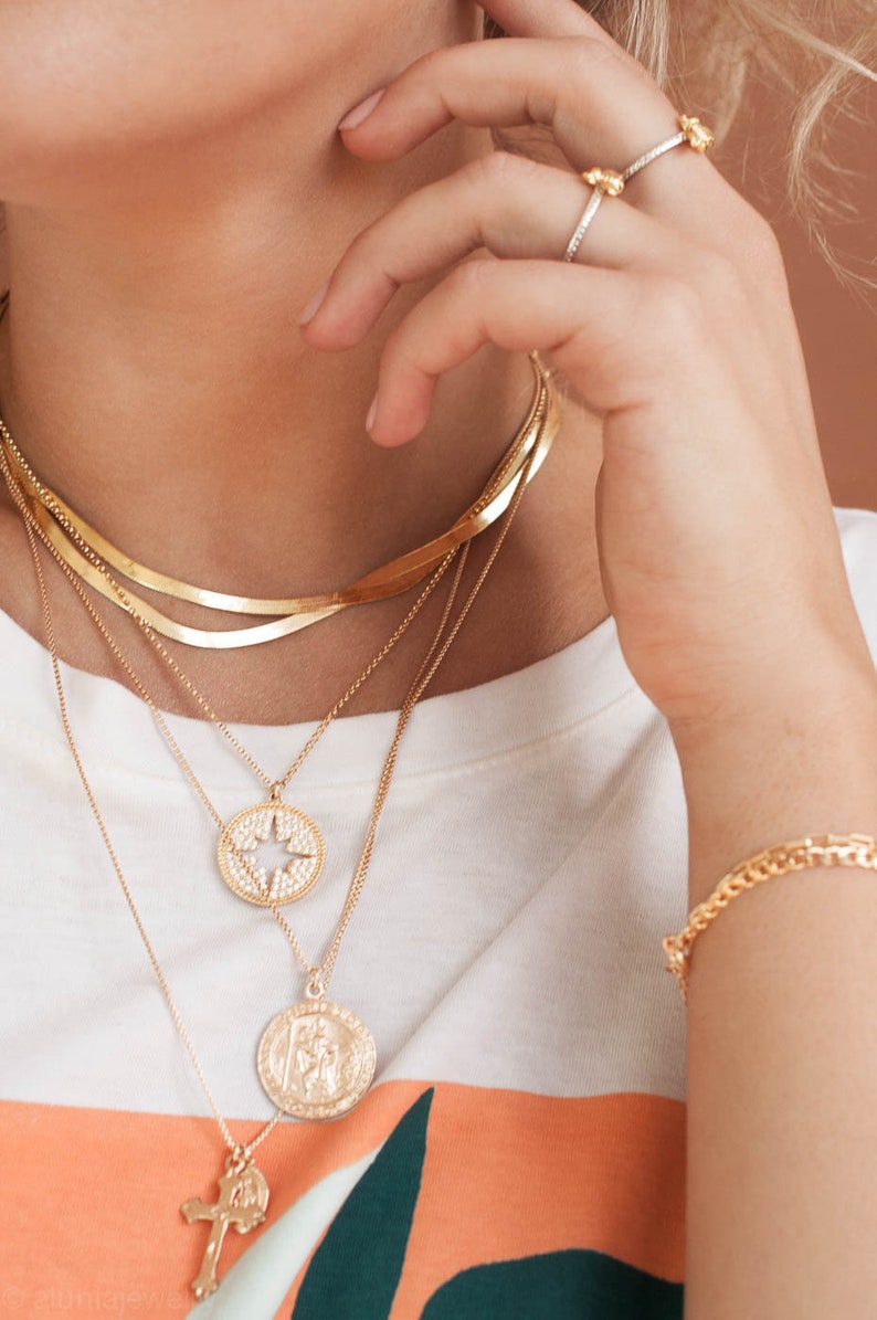 Layering Chain Necklace Gold Choker Sterling Silver Layered Chain Necklace Gold Snake Vermeil Flat Chain Thick Gold Herringbone Chain