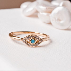 Solid Gold Ring Evil Eye Stacking Ring Minimalist Dainty Diamond Birthday Gift For Her Amulet Third Eye Protection Turquoise Hamsa Stackable image 2