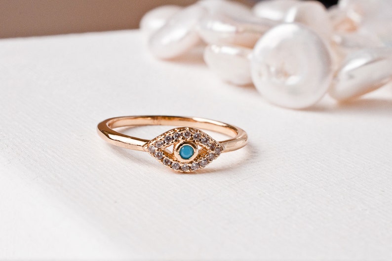 Solid Gold Ring Evil Eye Stacking Ring Minimalist Dainty Diamond Birthday Gift For Her Amulet Third Eye Protection Turquoise Hamsa Stackable image 2