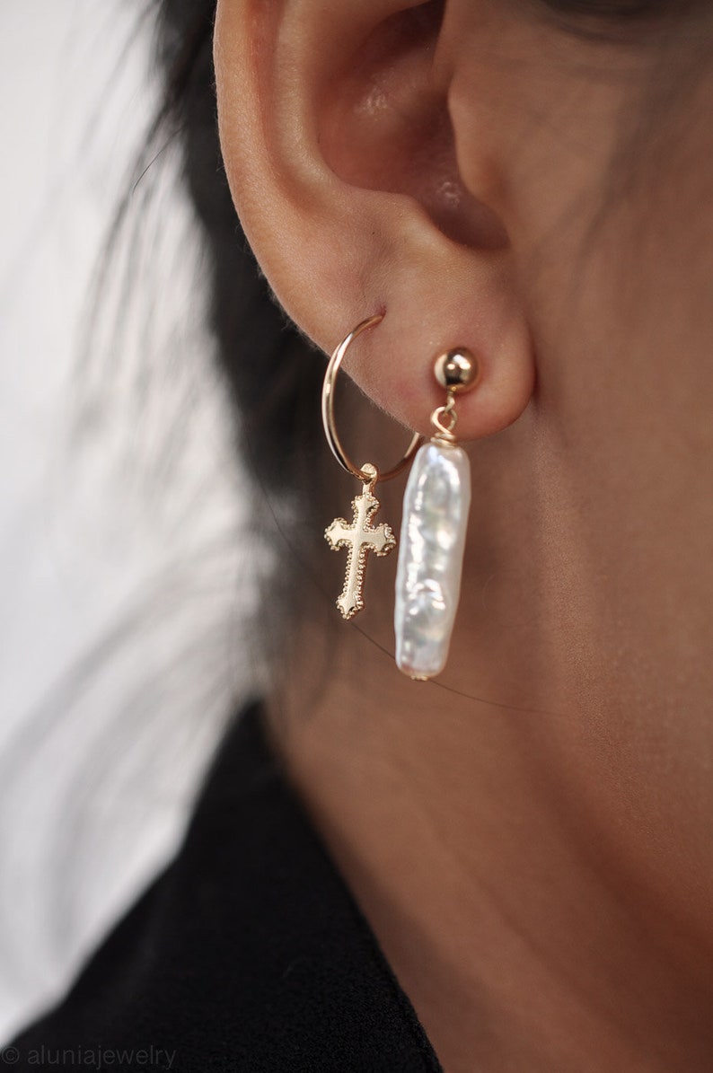 Solid Gold Cross Earrings Gift For Her Daughter Thin Hoops Sleeper Birthday Crucifix Unique Statement Best Friend Christian Baptism Crucifix image 2