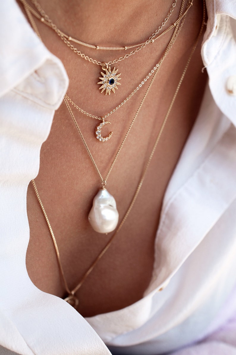 Solid 14k Gold Pearl Necklace Valentine's Gift Wife Anniversary Gift Her June Birthstone Birthday Gift Mom Girlfriend Large Baroque Teardrop afbeelding 1