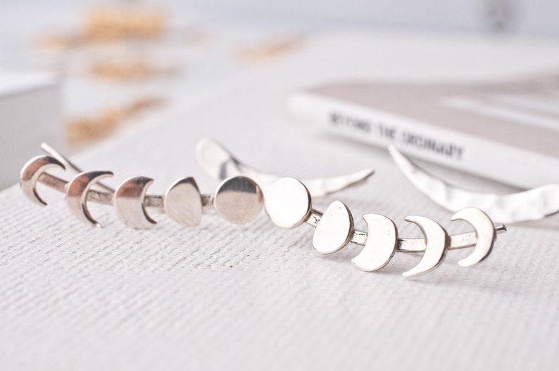 Ear Climbers Moon Phase Earrings Sterling Silver Ear Cuff Jacket Crescent Celestial Birthday Gift Her Daughter Best Friend Bridesmaid Summer image 5