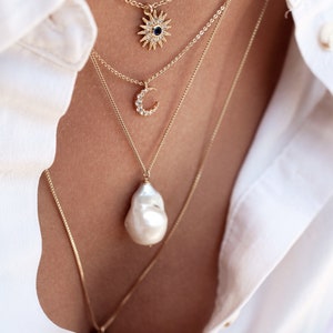 Baroque Pearl Necklace Solid Gold Unique Large Keshi Pearl Mother&#39;s Day Gift Birthday Gift Wife Her Chunky Bridal Jewelry Wedding Freshwater